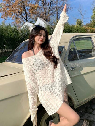DAZY غطاء نسائي كروشيه تصميم الجزء العلوي مفتوح في الكتف، شفاف شيفون صيفي