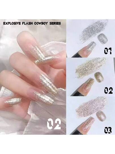 مجموعة طلاء أظافر بريق فضي متطاير 15مل، طراز نيلي بريق براق كثيف رائع، غراء أظافر لامع ذو كثافة عالية