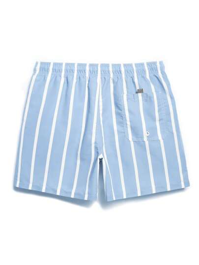 Manfinity KASUA سروال قصير للرجال بخصر رباط، مزين بخطوط وأشجار النخيل للاستخدام على الشاطئ