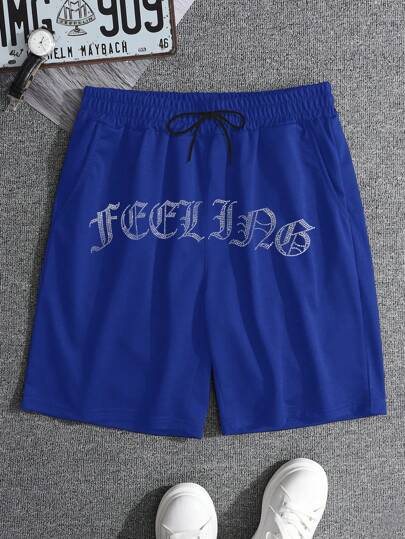 Manfinity EMRG شورتات كاجوال رجالي مطبوع عليها حرف بخصر رباط وجيب، ملابس رجالية شورتات رجالية شورتات رجالي من الشبك