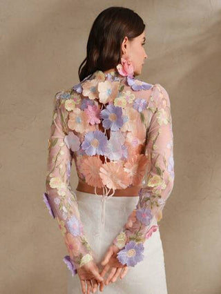 Anewsta بلوزة تنفيذية مرصعة بزهور ثلاثية الأبعاد وأكمام قصيرة للنساء، لون أبيض