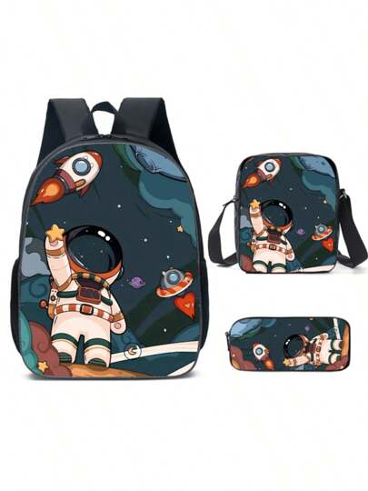 ثلاث قطع طقم حقيبة ظهر بنمط رائد الفضاء للطلاب، حقيبة ظهر خفيفة للترفيه والخارج للأولاد، ثلاث قطع مكونة من حقيبة مدرسية وحقيبة كتف وقلم