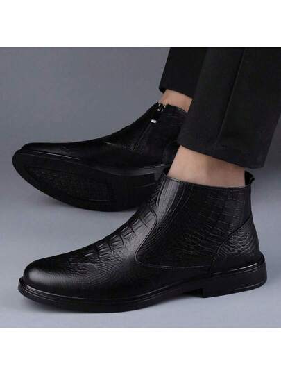 بوت التشيلسي القصيرة للرجال ، موديل خريفي ، ذات تصميم بنمط التمساح الأنيق ، برؤوس مستديرة ، كعب منخفض ، سوستة جانبية ، متوسطة الارتفاع ، بوت سوداء تناسب جميع الملابس ، مثالية مع السراويل الجينز