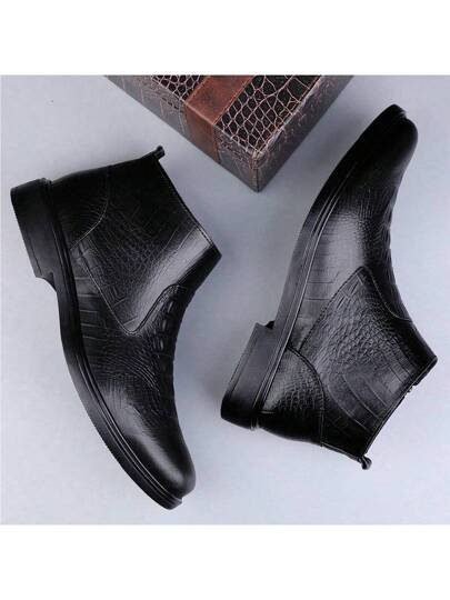 بوت التشيلسي القصيرة للرجال ، موديل خريفي ، ذات تصميم بنمط التمساح الأنيق ، برؤوس مستديرة ، كعب منخفض ، سوستة جانبية ، متوسطة الارتفاع ، بوت سوداء تناسب جميع الملابس ، مثالية مع السراويل الجينز