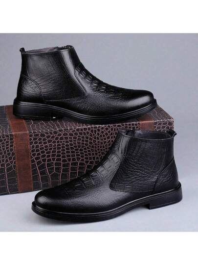 بوت التشيلسي القصيرة للرجال ، موديل خريفي ، ذات تصميم بنمط التمساح الأنيق ، برؤوس مستديرة ، كعب منخفض ، سوستة جانبية ، متوسطة الارتفاع ، بوت سوداء تناسب جميع الملابس ، مثالية مع السراويل الجينز