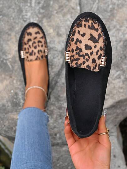 أحذية رياضية سهلة الارتداء ذات طبعة فهد كلاسيكية للنساء، للربيع والخريف