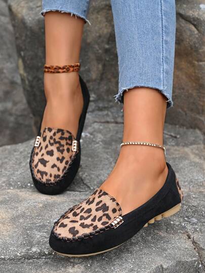 أحذية رياضية سهلة الارتداء ذات طبعة فهد كلاسيكية للنساء، للربيع والخريف