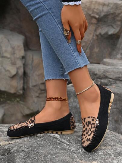 أحذية رياضية سهلة الارتداء ذات طبعة فهد كلاسيكية للنساء، للربيع والخريف