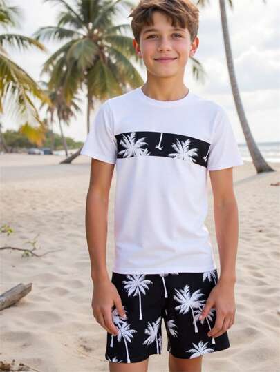 أثاث مكتبي ملابس سباحة للأولاد المراهقين، مجموعة مكونة من ملابس علوية مطبوع بتصميم وملابس سفلية طباعة عشوائية