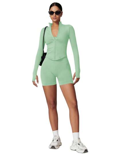 جاكيت يوغا طويلة الأكمام ذات طوق رأس وسحاب للنساء، ضيقة مناسبة، سريعة الجفاف، للياقة البدنية والرياضة والملابس الرياضية الخارجية، مناسبة لارتداء التمارين البدنية في فصل الخريف