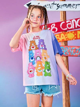 تيشيرتات بناتي X Care Bears تي شيرت صيفية فضفاضة مع طباعة الدب الملونة بياقة دائرية وأكمام منسدلة للفتيات المراهقات