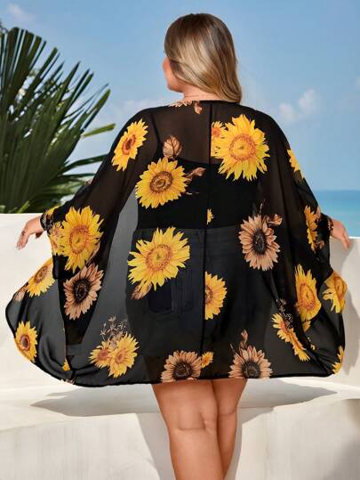 SHEIN CURVE+ بلوزة نسائية مقاسات كبيرة مطبوعة بزهرة الشمس باللون الأحادي لأيام العطلات الصيفية ال- Boho المريحة