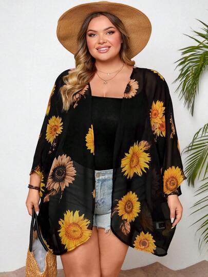 SHEIN CURVE+ بلوزة نسائية مقاسات كبيرة مطبوعة بزهرة الشمس باللون الأحادي لأيام العطلات الصيفية ال- Boho المريحة