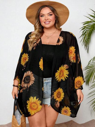 SHEIN CURVE+ بلوزة نسائية مقاسات كبيرة مطبوعة بزهرة الشمس باللون الأحادي لأيام العطلات الصيفية ال- Boho المريحة