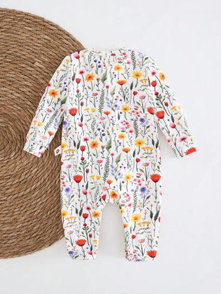 Cozy Pixies بدلة رضيع بنات صغار من أصناف طباعة النباتات والزهور الناعمة ذات ياقة دائرية وأكمام طويلة والقدم