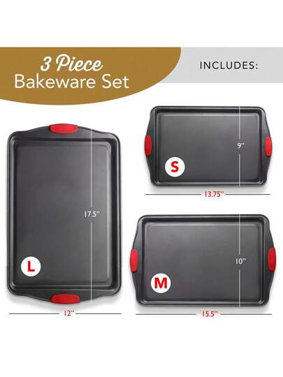 طقم صينية الخبيز، طقم صينية ثلاثية القطع مع مقابض سيليكون، طقم صينيات الخبيز الفولاذية، صواني الخبيز للفرن، صواني الكوكيز للخبز طقم غير لاصق، صينية الخبيز - صينية خبيز سوداء