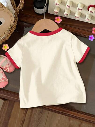 SHEIN تي شيرت قصير الأكمام ذو رقبة دائرية، للبنات الرضع، بطباعة الكرز الأمريكي القديم، ذو ألوان متباينة، مناسب للصيف