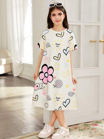 تيشيرتات بناتي فستان كاجوال للفتيات البنات طويل الأكمام مع طبعة زهور صغيرة ياقة دائرية