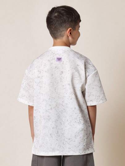 SUMWON قميص كاجوال رقبة طاقم أكمام قصيرة للشباب، قطعة أساسية للارتداء اليومي، موديل كاجوال مريح للصيف، ملابس الشارع الموضة للشباب بطبعة رخام ضخمة