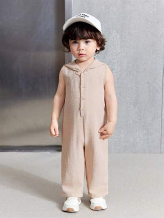 بيج/أصفر فاتح جمبسوت كاجوال بغطاء رأس بدون أكمام مناسبة للأطفال الرضع الجنسين، صيفية متعددة الاستخدامات للداخل والخارج