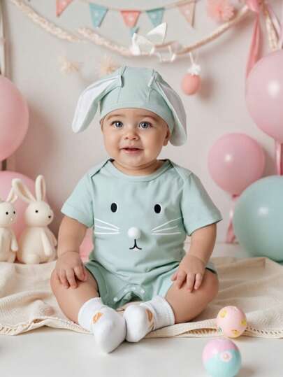 Persoplay Kids 2 قطعة ملابس لحديثي الولادة البنين عليها شكل أرنب كيوت بقبعة أذن أرنب ثلاثية الأبعاد، مناسبة لعيد الفصح، الاستخدام اليومي، صور عيد الميلاد، حفلات الزي