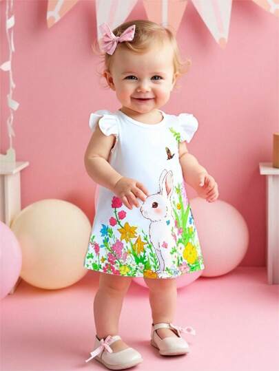 فساتين بيبي Persoplay Kids فستان بناتي أنيق على شكل أرنب عيد الفصح، بطبعات زهور وفراشات في خط A، من قماش محبوك ناعم ومريح، صالح للارتداء اليومي، تصوير عيد الفصح، الأنشطة الخارجية، الاستخدام المنزلي اليومي، عناصر أساسية متعددة الاستخدامات