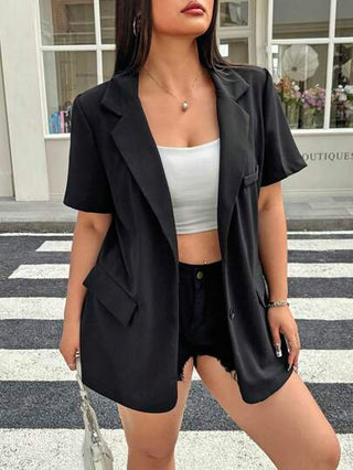 EZwear بدلة رسمية قصيرة الأكمام بجيوب باللون الأسود، مقاس كبير الحجم