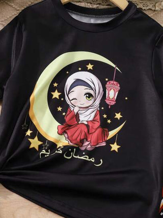 girls-sets مجموعة بنطال وتيشرت مطبوعة بطبعة رمضان للفتيات المراهقات، قطعتان