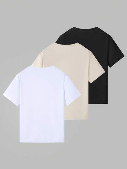 SHEIN تي شيرت أكمام قصيرة للصبيان في سن المراهقة مكون من 3 قطع ، مزين بعلامات تجارية , رقبة طاقمية ، ربيع وصيف