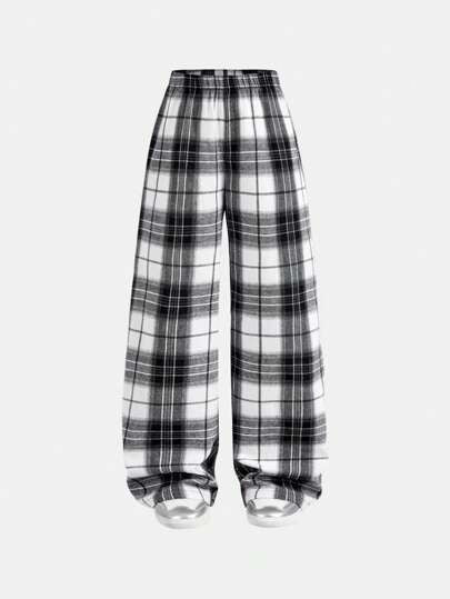 SHEIN Girlism بنطلون رياضي بقدمين واسعتين للفتيات المراهقات، من الفليس الدقيق بتصميم الشاش الأسود والأبيض، للاستعمال اليومي ولممارسة كرة القدم/كرة المضرب