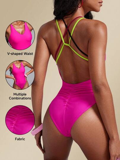 مايوه حريمي قطعة واحدة Swim Basics زي سباحة قطعة واحدة لون أزرق أصفر وردي أحمر، تصميم رياضي مبسط بظهر مفتوح، مناسب للشاطئ والسباحة والعطلات