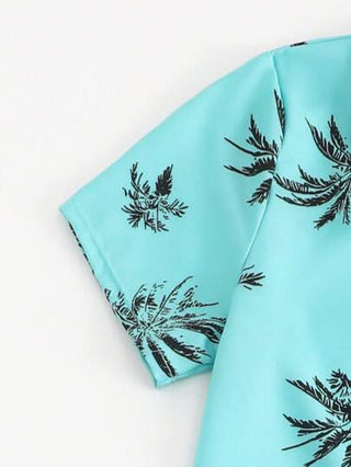 مايوه أولادي طقم ملابس أولاد للشاطئ، بلوزة كيمونو ذات طبعة استوائية وشورت بخصر مطاطي