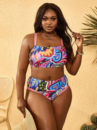 SHEIN Slayr CURVE ملابس سباحة مجموعة بكيني بنقشة نباتات استوائية خضراء بكشكشة للمقاسات الكبيرة