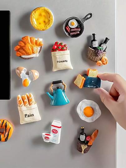 SHEIN 7 قطع مغناطيس للثلاجة بتصميمات أطعمة، مغناطيس زخرفي جميل للثلاجة، مغناطيس قوي مصنوع من الراتنج للمطبخ وديكور المنزل، مناسب للعيد، عيد الحب، الزفاف، وعيد الميلاد