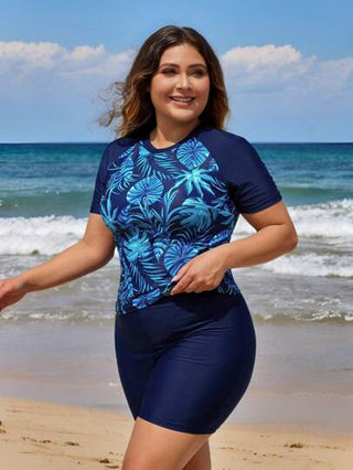 Swim Lushoire مجموعة راش جارد مطبوعة بالألوان المتباينة لنساء الحجم الكبير لإجازة الشاطئ في الصيف