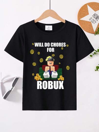 تي شيرت تي شيرت قصير الأكمام كاجوال للأولاد مع شعار وزخارف كرتونية