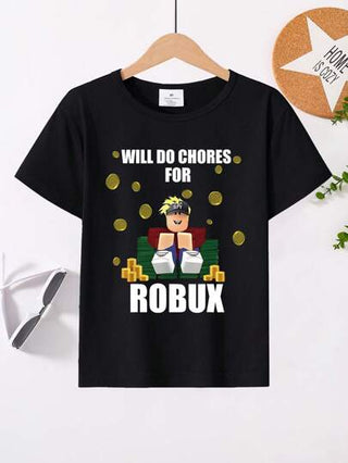 تي شيرت تي شيرت قصير الأكمام كاجوال للأولاد مع شعار وزخارف كرتونية