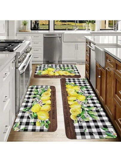 زربية مطبخ من الفلانيل، طراز الليمون و المربّع الأسود والأبيض، طراز فاكهة، زربية مطبخ ناعمة وقوية، زربية شخصية أنيقة، ديكور منزلي، تناسب المطبخ ومدخل المنزل والحمام وغرفة الغسيل وغرفة النوم والمطعم، قطعة واحدة