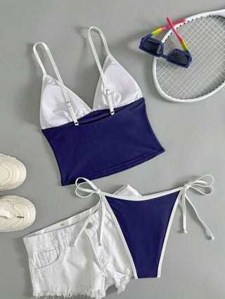طقم تانكيني حريمي Swim Mod بدلة السباحة قطعتين بتصميم بسيط وجذاب مكونة من ملابس علوية تانكيني مثلث بتقاطع ألوان وأسفل مربوط الجنبين بتصميم مثلث