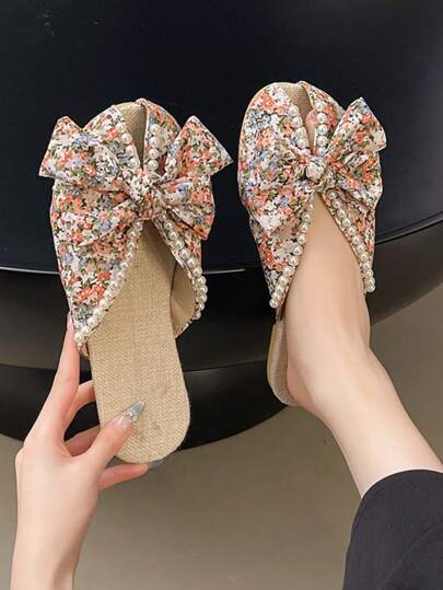 صنادل شقة مطبوعة بالكامل بديكور اللؤلؤ، صنادل شقة كاجوال يمكن ارتداؤها للمدرسة والعمل والسكن والعطل والسفر والشاطئ