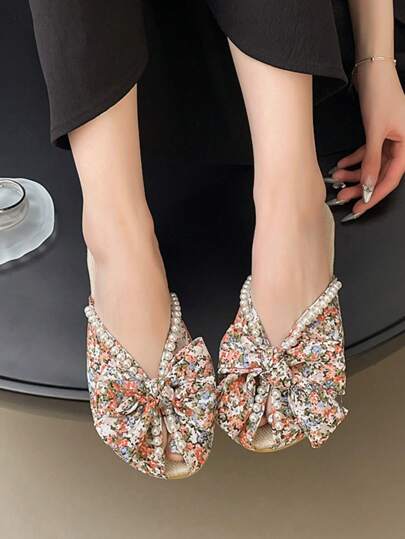 صنادل شقة مطبوعة بالكامل بديكور اللؤلؤ، صنادل شقة كاجوال يمكن ارتداؤها للمدرسة والعمل والسكن والعطل والسفر والشاطئ