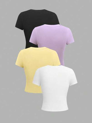 Chiquease 4 قطع بلوزات T-shirt قصيرة الأكمام ذات رقبة طاقم بلون واحد مناسبة للنساء