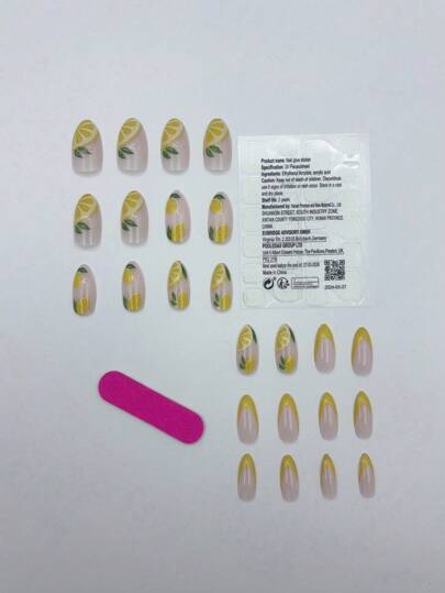 24 حبة أظافر قصيرة لون عاري باللوز الشكل للضغط ذات تصميم ورق الليمون والأوراق، طقم كامل للأظافر براق مناسب للنساء والفتيات للاستخدام اليومي + جيلي جل 1 قطعة + ملف أظافر 1 قطعة