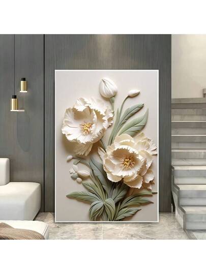 قطعة واحدة جدارية بلوحة قماشية ذات زهور بيضاء غير مُؤَطَّرَة ،طباعة زهرة تجريدية حديثة لديكور غرفة المعيشة وغرفة النوم، بدون احتياج لطاقة كهربائية