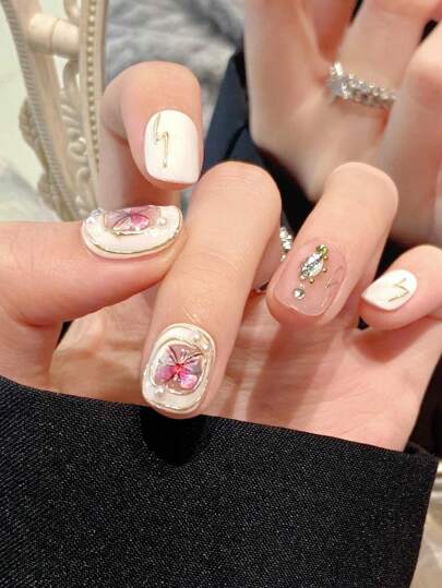 10 حبة أظافر مزيفة قصيرة بشكل بيضاوي فخمة مصنوعة يدويًا بتصميم فراشة بارك ، مع أدوات 3 قطع ، لاصق أظافر مناسبة للفتيات والسيدات في عملهن وحياتهن اليومية