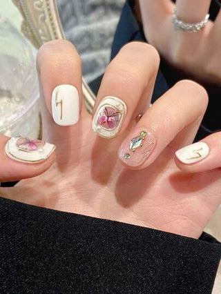 10 حبة أظافر مزيفة قصيرة بشكل بيضاوي فخمة مصنوعة يدويًا بتصميم فراشة بارك ، مع أدوات 3 قطع ، لاصق أظافر مناسبة للفتيات والسيدات في عملهن وحياتهن اليومية