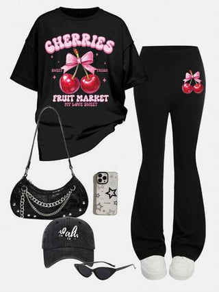 girls-sets طقم تي شيرت وبنطلون 2 قطع للبنات في مرحلة المراهقة، بنمط عقدة الفراشة وكرز، كاجوال بسيط، أكمام قصيرة، مناسب للصيف