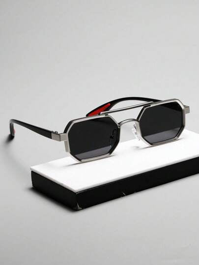 نظارة معدنية بإطار مزدوج مربع 1 قطعة، نظارات شمسية عصرية للرجال للاستخدام الخارجي بإطار صغير شخصي