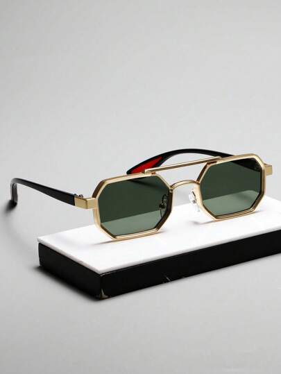 نظارة معدنية بإطار مزدوج مربع 1 قطعة، نظارات شمسية عصرية للرجال للاستخدام الخارجي بإطار صغير شخصي