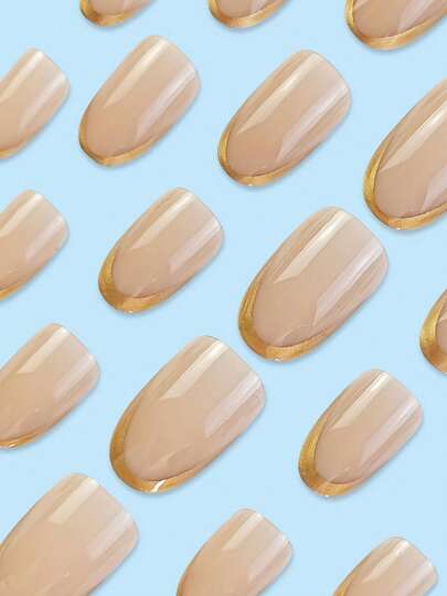 مجموعة 24 قطعة أظافر زراعية وردية لامعة وبلون ذهبي بشكل التقليم الفرنسي، بحجم متوسط بيضوي، أظافر صناعية قابلة لإعادة الاستخدام للنساء والفتيات